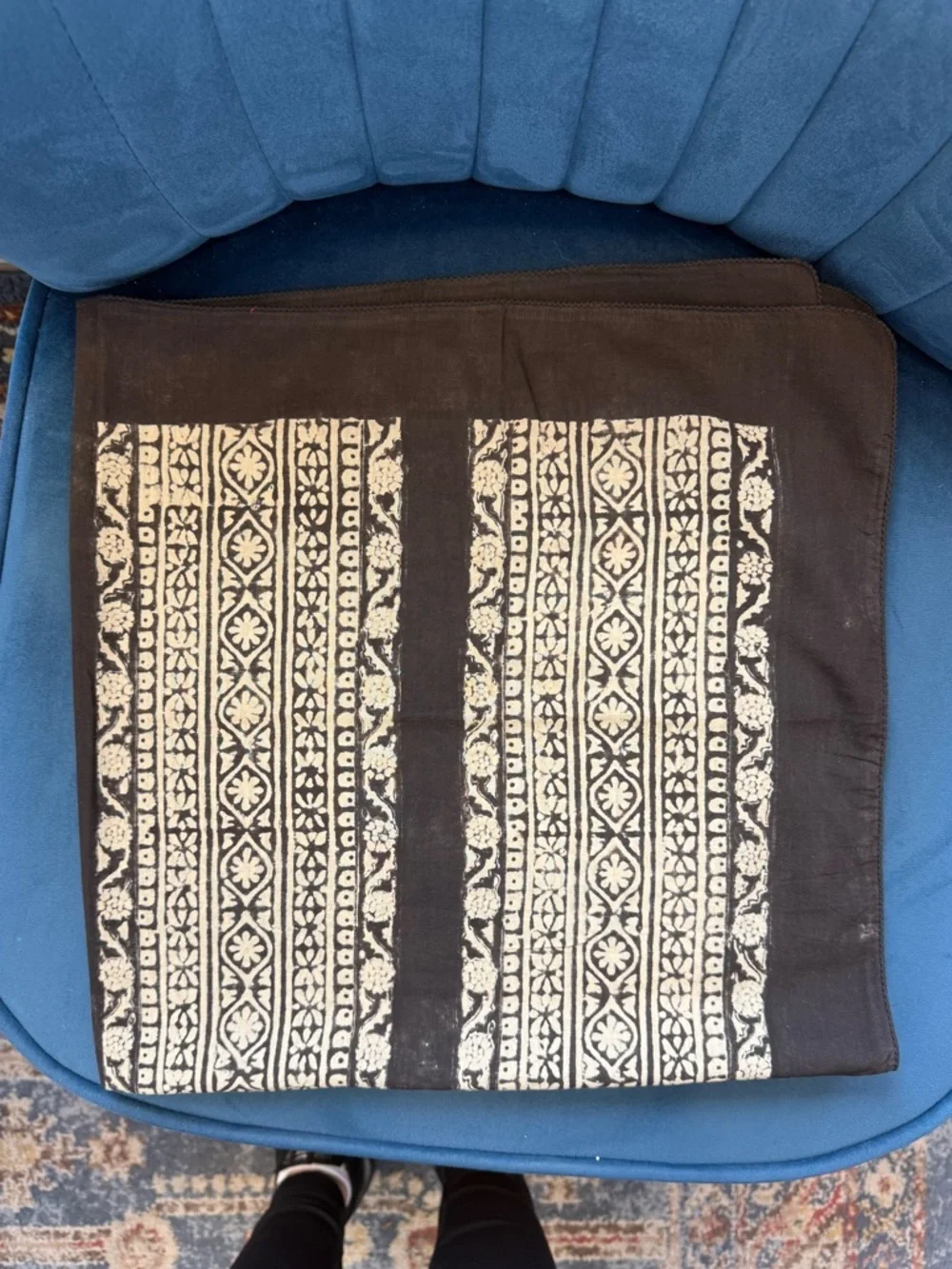 Anokhi Hand Block Print Cotton Scarf / Textile – 30” x 28” – Black & Cream